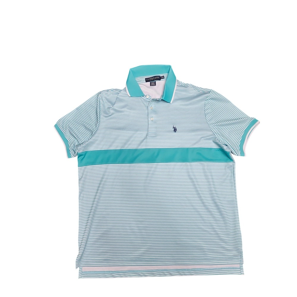 US Polo Assn Mens XL XLarge Striped Polo Shirt Aqua Teal White Short Sleeve‎